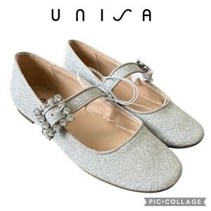Unisa  Embellished Buckle Mary Jane metallic silver Flats size 5.5 NWT $60